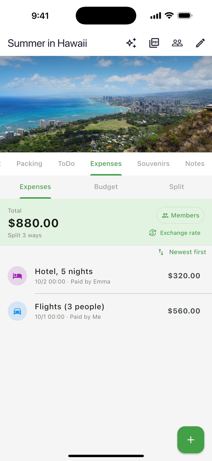 Expenses in US dollars with a total and the exchange rate
