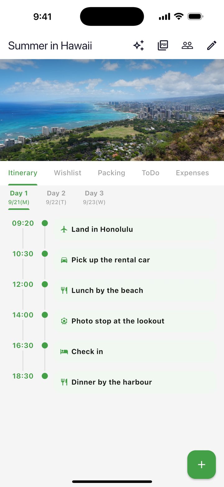 TripLala itinerary for a trip to Hawaii, day 1 from landing in Honolulu to dinner by the harbour