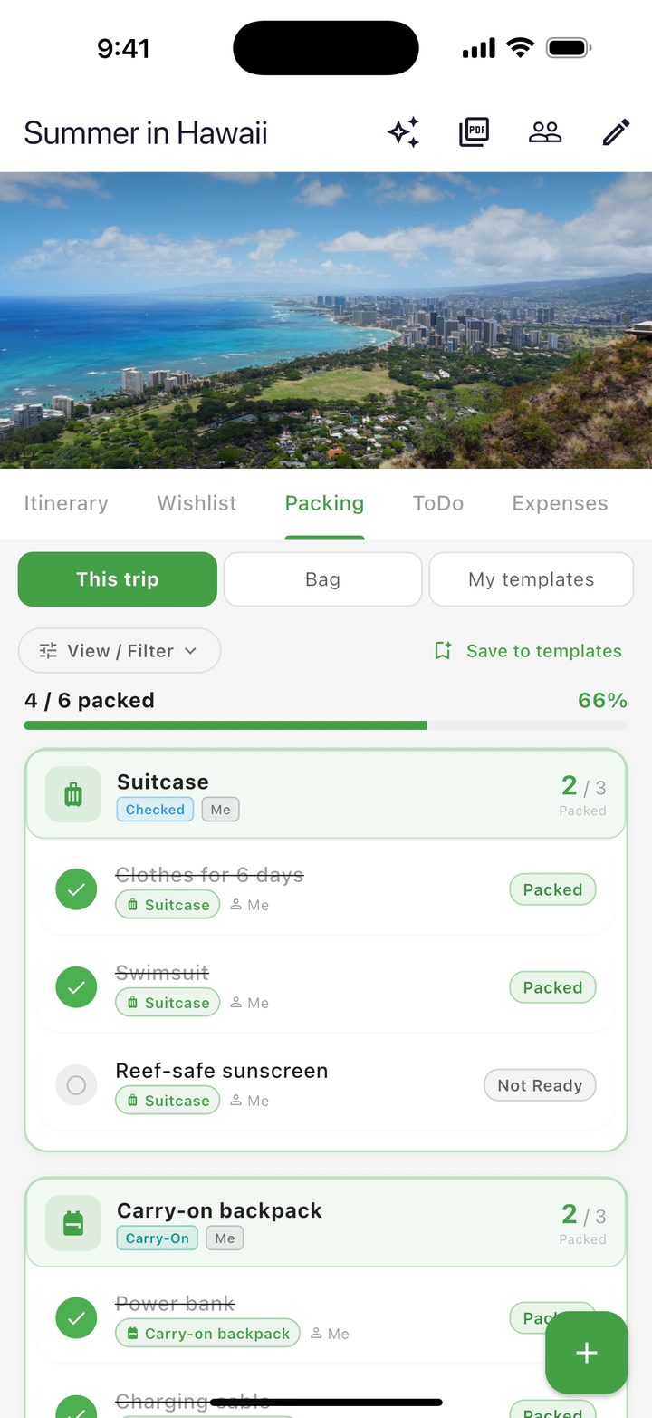 Packing list split into a suitcase and a carry-on backpack