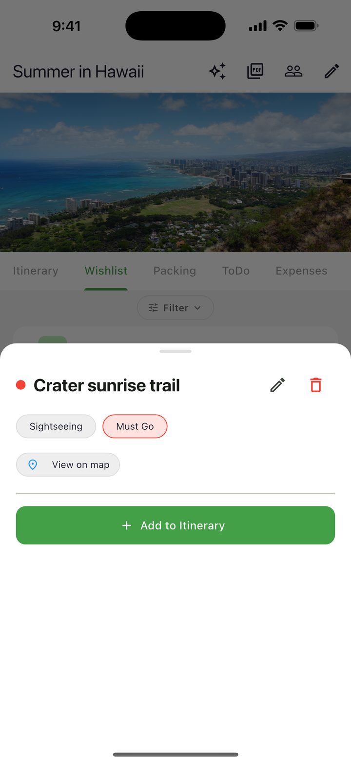 A saved place with a View on map button and Add to Itinerary