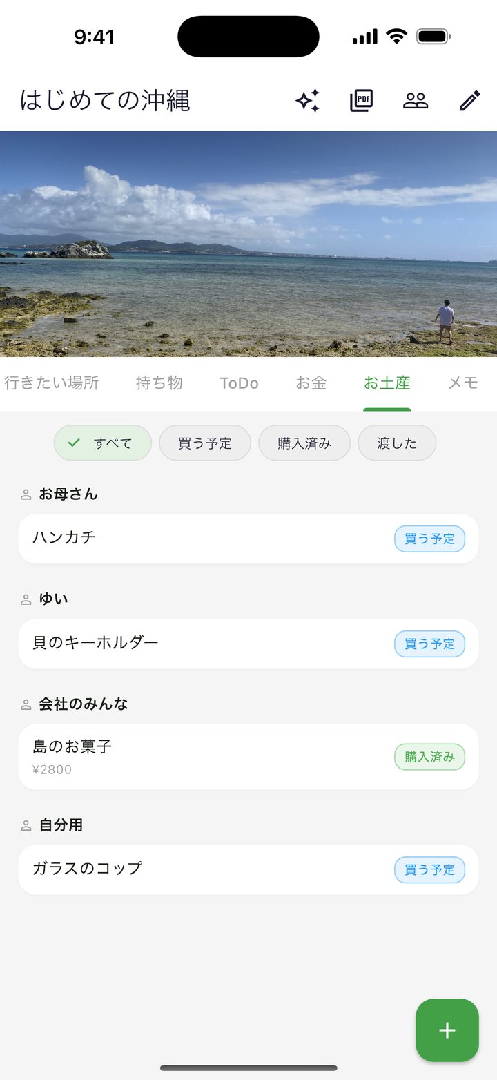 渡す相手ごとに分かれたお土産リスト