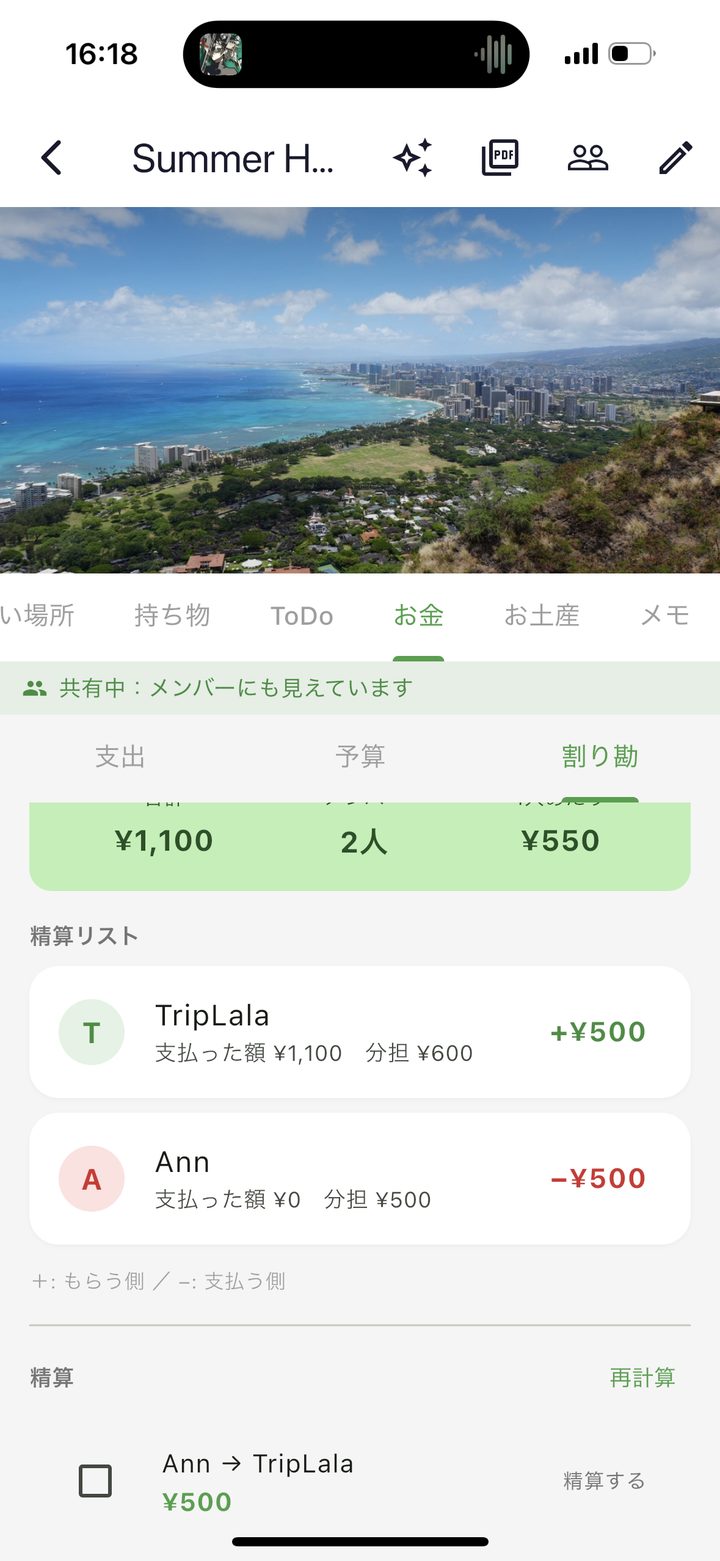 割り勘の画面。誰が誰にいくら払うかの精算