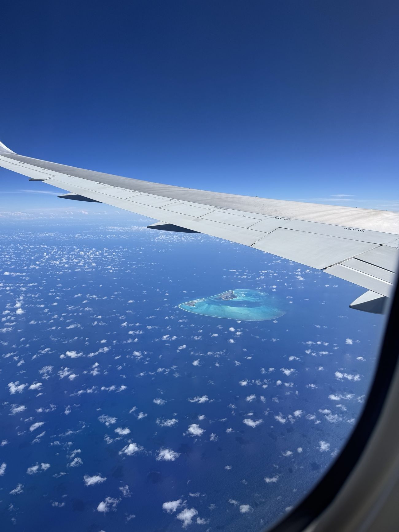 飛行機の窓から見えたハートの形の島と翼